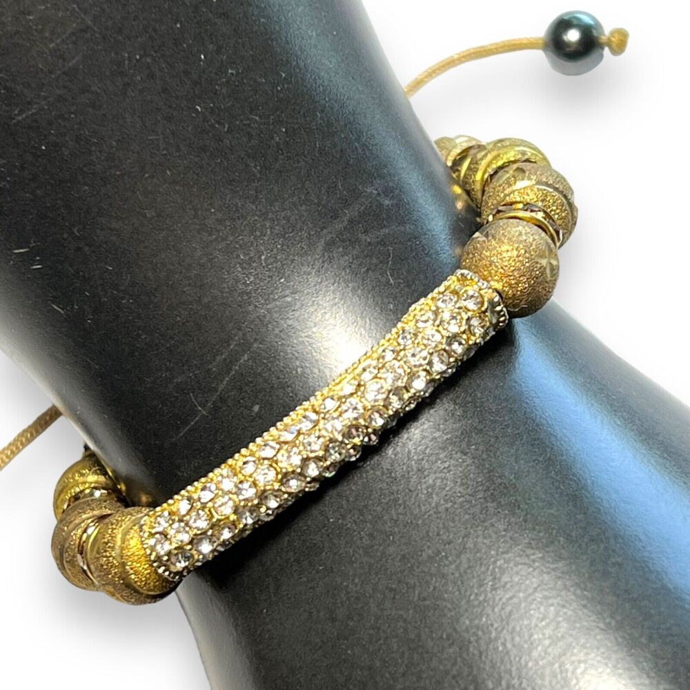 Womens Fashion Bracelet Beaded Rhinestone Jeweled Adjustable Gold Tone